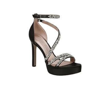 Pnina Tornai Women's Love Black Satin Jeweled Platform Sandals Shoes 10M